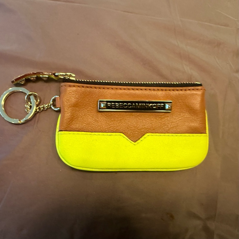 NWOT Rebecca Minkoff Luggage Brown/Neon Yellow Leather Coin Purse w/ keyring - Picture 6 of 6